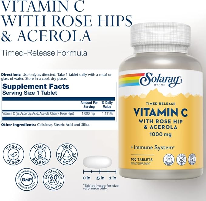 SOLARAY Vitamin C w/Rose HIPS & 1000mg, Two-Stage (100 Servings, 100 Tablets)
