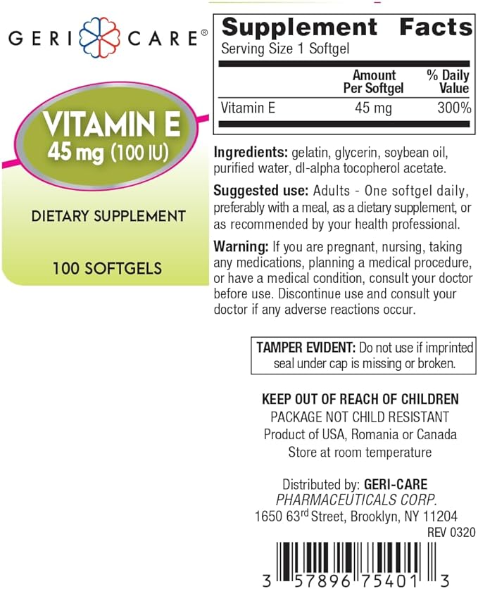 GeriCare Vitamin E Supplement 45 mg (100 IU) 100 Count 1)