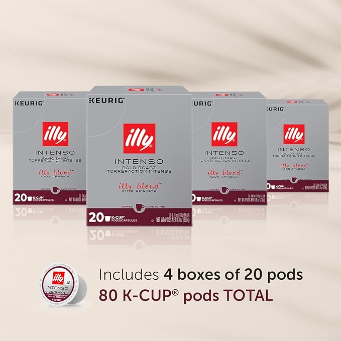 Illy Coffee K Cups - Coffee Pods For Keurig Coffee Maker – Intenso Dark Roast – Notes of Cocoa & Dried Fruit - Bold, Flavorful & Full-Bodied Flavor of Pods Coffee - No Preservatives – 20 Count, 4 Pack