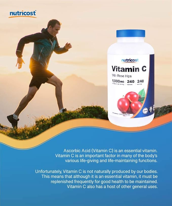 Nutricost Vitamin C with Rose Hips 1025mg, 240 240 Capsules 1,000mg, Rose 25mg, Premium,