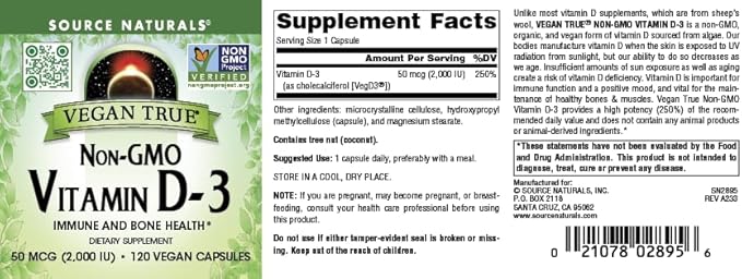 Source Naturals Vegan True, Non-GMO Vitamin D-3, Dietary Supplement for Immune and Bone Health*, 2,000 IU - 90 Capsules