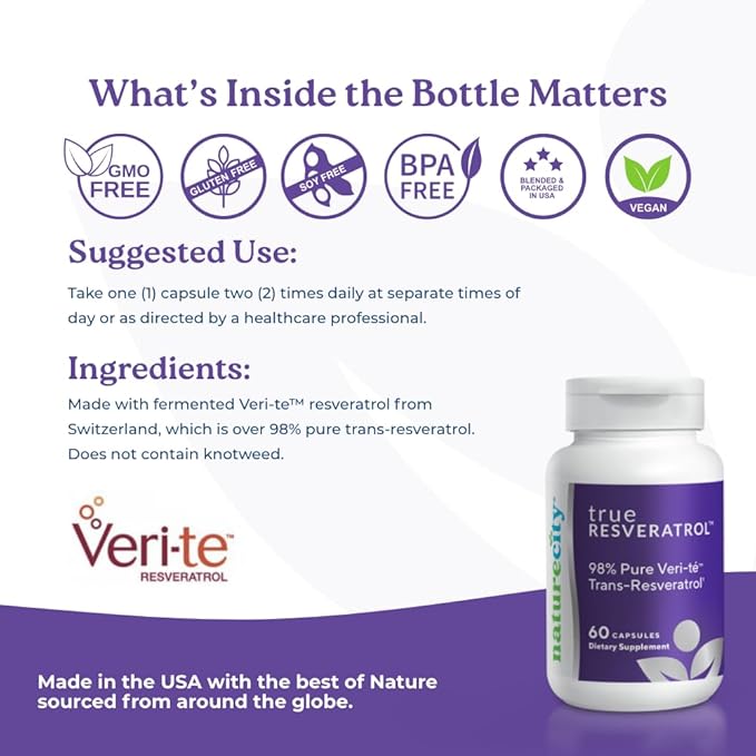 NatureCity TrueResveratrol – Resveratrol Supplement & Anti-Aging Support with 75mg Trans-Resveratrol (98% Pure Veri-te) for Heart, Immune, Bone & Cognitive Health | 60 Veggie Capsules
