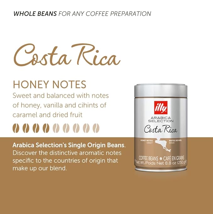 illy Whole Bean Coffee - Perfectly Roasted Whole Coffee Beans – Costa Rica Medium Roast - with Notes of Honey, Vanilla & Citrus - 100% Arabica Coffee - No Preservatives – 8.8 Ounce