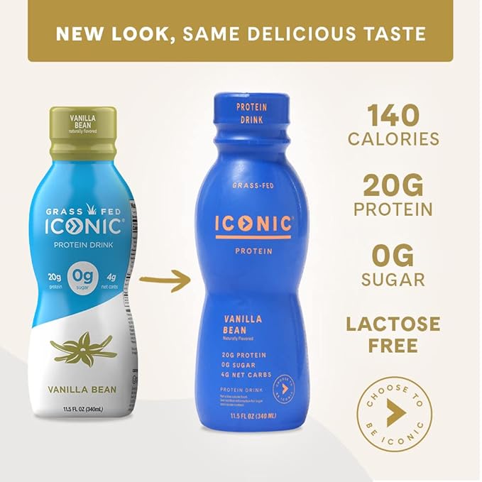 Iconic Protein Drinks, Vanilla Bean (12 Pack) - Sugar Free & Low Carb - 20g Grass Fed Protein - Lactose Free, Gluten Free, Non-GMO, Kosher - Keto Friendly Protein Shakes