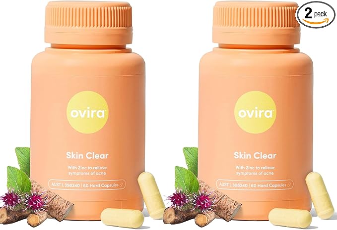 Ovira Skin Clear with ZINCBRIGHT - 60 Capsules for Clear and Glowing Skin | Rosacea & Hormonal Acne Treatment | Support Collagen Production | Acne Supplements for Women & Men - Pack of 2