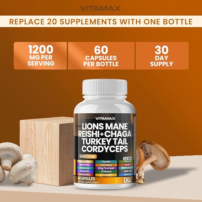 Lions Mane Mushroom 3000mg Turkey Tail 2000mg Chaga & Reishi 1000mg Cordyceps Shiitake White Elm King Trumpet Nameko Oyster Focus & Energy - Made in USA 60ct