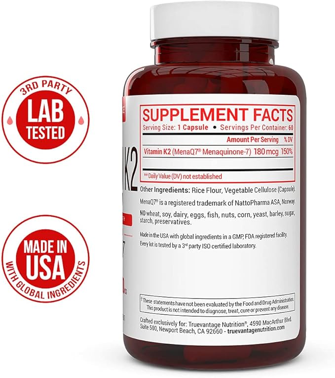 Vitamin k2 MK-7 Supplement 180mcg -Vitamin K2 Supports 60 Easy MenaQ7 K2 K2 MK7 MK7