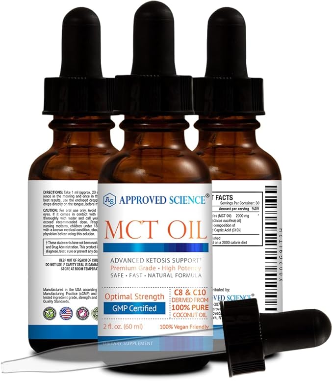 Approved Science® MCT Oil - Pure Medium-Chain Triglyceride (MCT) Oil derived from Coconuts with Caprylic Acid (C8) and Capric Acid (C10) - Vegan, 60 ml