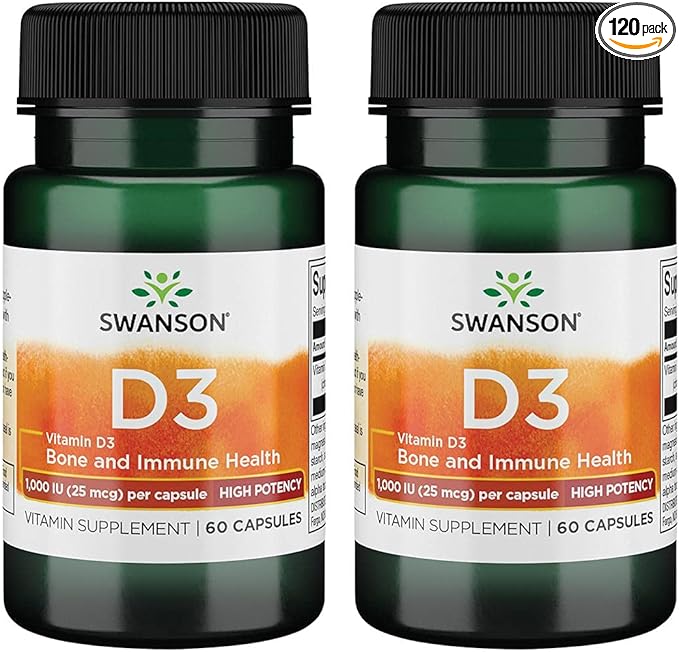 Swanson High Potency Vitamin D-3 1000 (25 mcg) 60 Capsules (2 Pack)