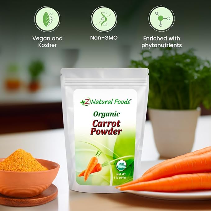 Z Natural Foods Organic Carrot Powder, Natural Superfood Powder for Vision and Heart Health, Great in Juices, Smoothies, and Recipes, Non-GMO, Vegan, Gluten-Free, Kosher, 1 lb.