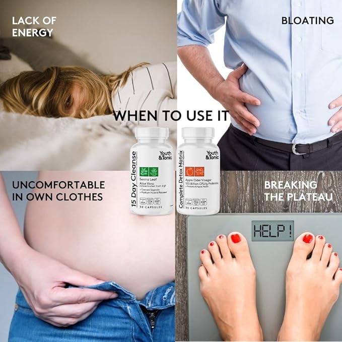 Detox Cleanse Kick Off Weight Management and Extra Colon Cleanser. 4pk for Water Loss, Bloating, Flat Stomach, Puffiness w Apple Cider Vinegar, Senna Leaf, Glucomannan, Chromium, Probiotic 120 Pills