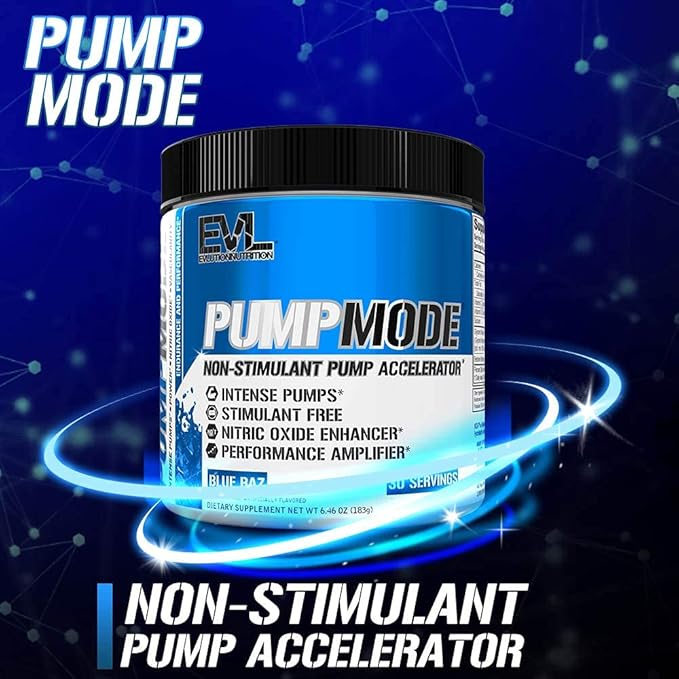 EVL PumpMode Nitric Oxide Supplement - Nitric Oxide Booster Pump Pre Workout Powder with Glycerol and Betaine for Muscle Recovery Growth and Endurance - Stim Free Pre Workout Drink (Blue Raz)