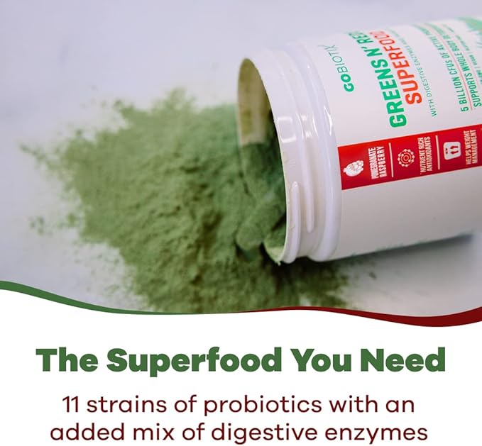 GOBIOTIX Super Greens and Reds Powder - Red and Green Superfood - Probiotic Supplement - Digestive Enzymes and Beet Root Powder - Organic Whole Foods Dietary Supplement (Pom Raspberry, 3 Pack)