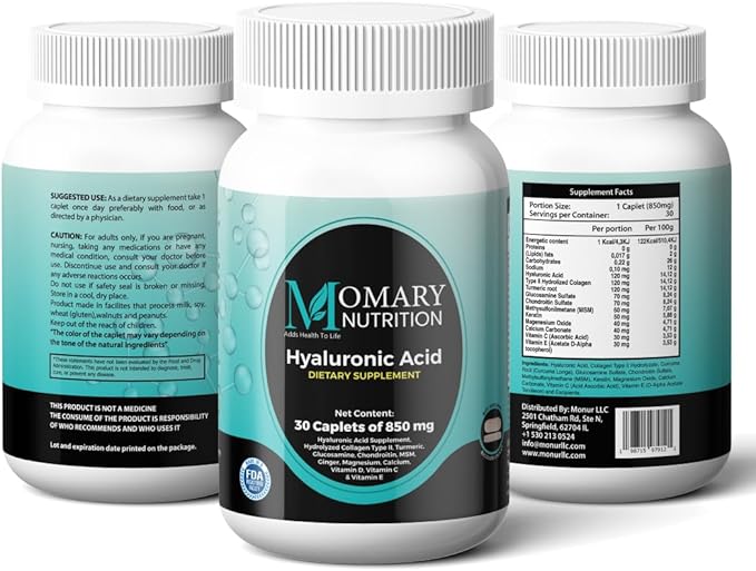 Hyaluronic Acid Supplement, Natural Skin Hydration, Advanced Joint Support and Mobility Booster, Type II Hydrolyzed Collagen, Turmeric, Glucosamine, Chondroitin, 30Caplets 850Mg