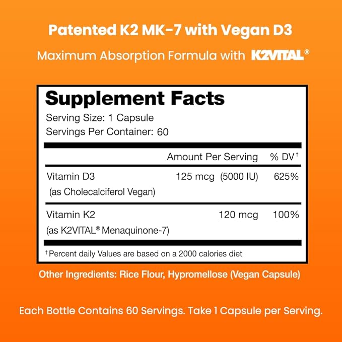 NutraChamps D3 with K2 MK7 Supplement 5000 IU 3 & 100 mcg 2 MK-7 MK-7 | 60 Vitamin K2 D3 D3 Capsules