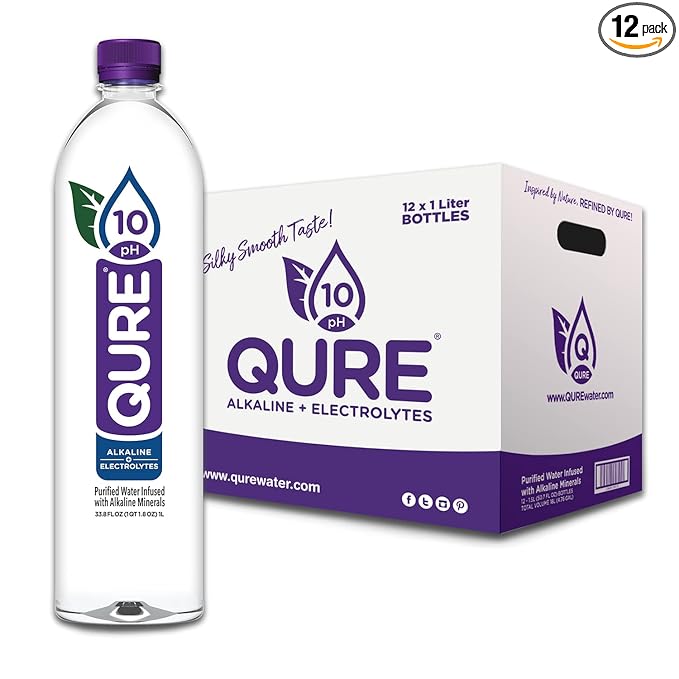 QURE Water, Premium 10 pH Ionized Alkaline Bottled Water, Silky Smooth Taste Infused with Electrolytes, 33.8 Fl Oz (Pack of 12)
