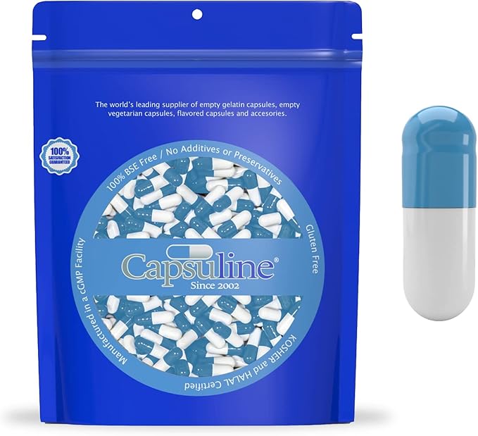 Capsuline Colored Size 000 Empty Gelatin Capsules Blue/White 1000 Count