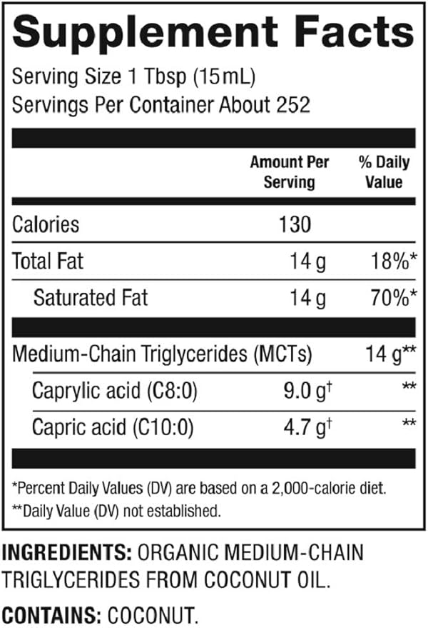 Nutiva Organic MCT Oil, 1 gallon, Unflavored for Coffee, Non-GMO made from Organic Coconuts, Keto Friendly, Best Oil Wellness Ketosis Supplement, 14g of C8 & C10 per serving