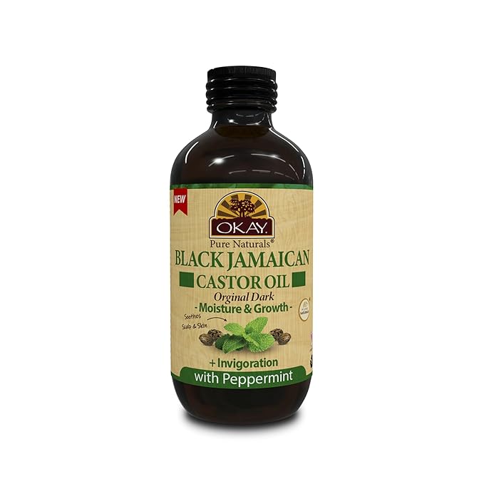Okay Pure Naturals Black Jamaican Castor Oil - Castor Oil for Hair Growth, Moisture for Skin, Face, Scalp, Eyelashes, Eyebrows - Hair Oil for Men & Women - Peppermint, 4 oz Glass Bottle
