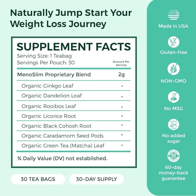 VoomVaya MenoSlim Tea - Hormone Balance Tea, Perimenopause & Estrogen Supplement for Women - for Bloating, Hot Flashes, Night Sweats & Meno-Belly - Lemon Lime Flavor - 30 Teabags