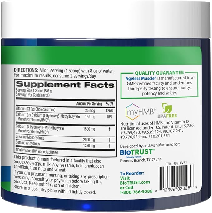 BioTrust Ageless Muscle Builder - Creatine HMB Powder with Vitamin D3 & Betaine - Build & Preserve Naturally Declining Muscle Mass & Strength - Unflavored, 30 Servings