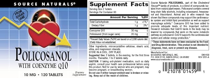 Source Naturals Policosanol with Coenzyme Q10, 10 Mg -120 Tablets