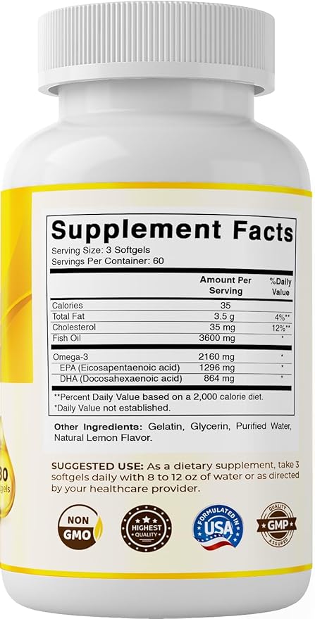 Vitamatic Triple Strength Omega 3 Fish 3600mg Per 2160mg Omega 3 Fatty 1296mg EPA 864mg DHA, 180 Softgels