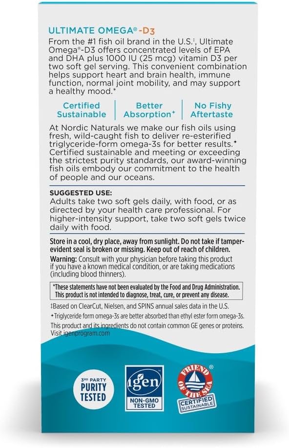 Nordic Naturals Ultimate Omega-D3, Lemon Flavor 120 Soft 1280 mg Omega-3 + 1000 IU D3 - Omega-3 Fish 60 Servings