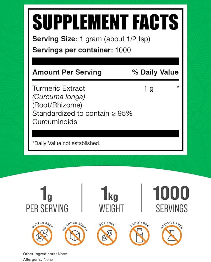 BulkSupplements.com Turmeric Extract Powder - from Turmeric Root, Curcumin Supplements 1000mg, Turmeric Curcumin Powder - Gluten Free, 1000mg per Serving, 1kg (2.2 lbs) (Pack of 1)