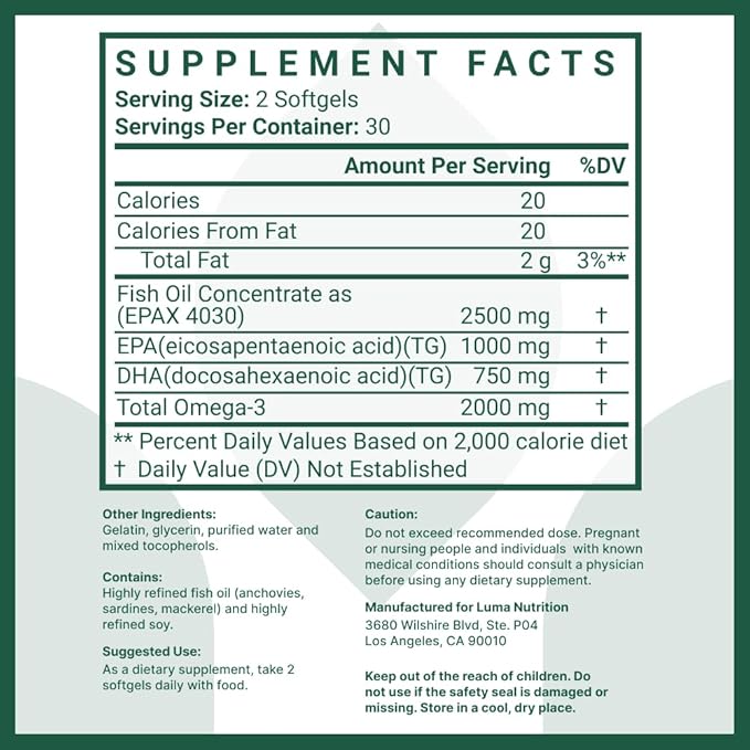 Luma Nutrition Omega 3 Fish Oil Supplement 2500mg - 2000mg EPA 60 Softgels