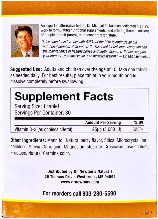Dr. Newton's Naturals Vitamin D3 Fast-Melting Tablets - 5000 IU (125 mcg) Helps Maintain Healthy Bones and Immune Support - 30 Tablets - Ultimate Absorption – High Potency-Manufactured in USA