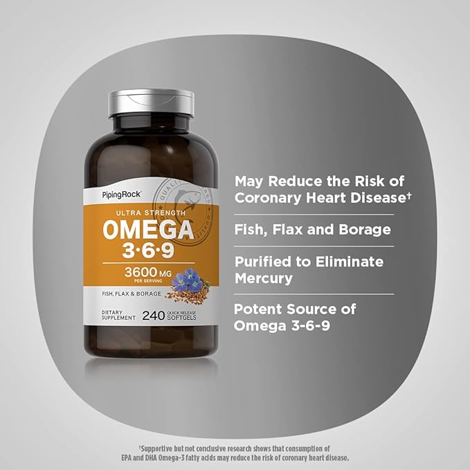 Piping Rock Omega 3 6 9 Supplements 3600mg | 240 Softgel