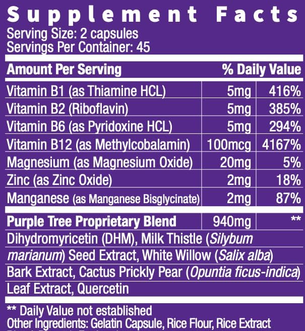 purple tree Post-Celebration Wellness Supplement | Liver Support, Body Replenisher, Rapid Hydration | Dihydromyricetin DHM, Milk Thistle, Electrolytes, Vitamin B, Willow Bark, Quercetin (180 Pills)