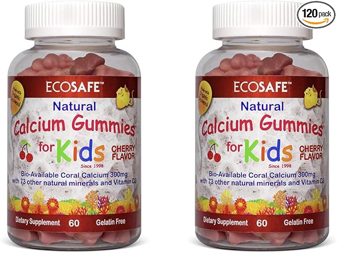 Coral Calcium Vitamin D3 Kids Gummy, Natural Cherry Flavor, Non GMO, Gluten-Free, Dairy-Free, Soy-Free and Gelatin Free - 300 mg of Calcium, and 800 IU of Vitamin D3-60 Gummies (2 Pack)