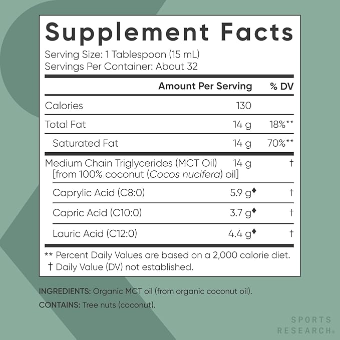 Sports Research Organic MCT Oil - Keto & Vegan MCTs C8, C10, C12 from Coconuts - Fatty Acid Brain & Body Fuel, Flavorless, Non-GMO & Gluten Free - Perfect in Coffee, Tea & Protein Shakes - 16 oz