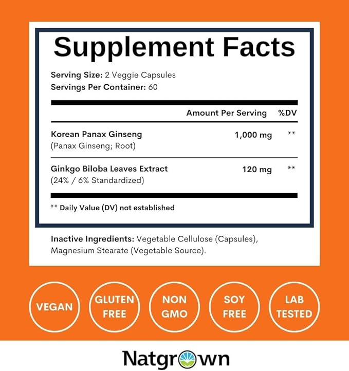 Natgrown Panax Ginseng & Ginkgo Biloba Supplement - Red Korean Ginseng & Ginko Biloba Capsules for Men & Women - Supports Memory Focus & Brain Function - Vegan Pills - 120 Count