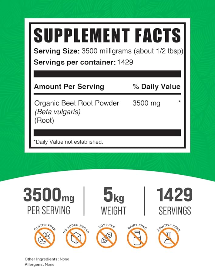 BulkSupplements.com Organic Beet Root Powder - Beet Powder Organic, Beetroot Supplement - Superfood Supplement, Vegan & Gluten Free - 3500mg per Serving, 5kg (11 lbs) (Pack of 5)
