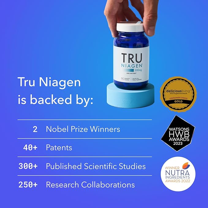 TRU NIAGEN Patented NAD Supplement for Anti Aging and Cell Regeneration, 300 mg Niagen, 90 Servings | Supports Cellular Energy, Brain, Muscle | Nicotinamide Riboside (NR) Take 1 Daily | 2 Bottles