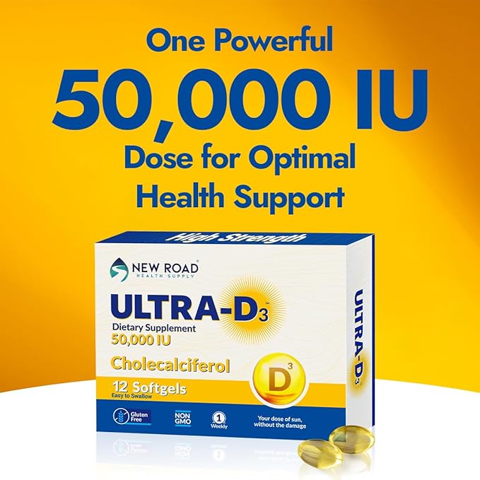 New Road Health Supply - Vitamin D 50000 IU, Once Weekly Dose, Easy to Swallow Vitamin D Softgel for Bones, Teeth, and Immune Support, Gluten Free, 12 Count, Pack of 3