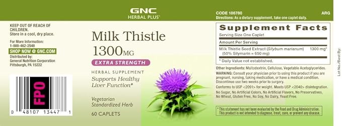 GNC Herbal Plus Milk Thistle 1300mg, 60 Caplets