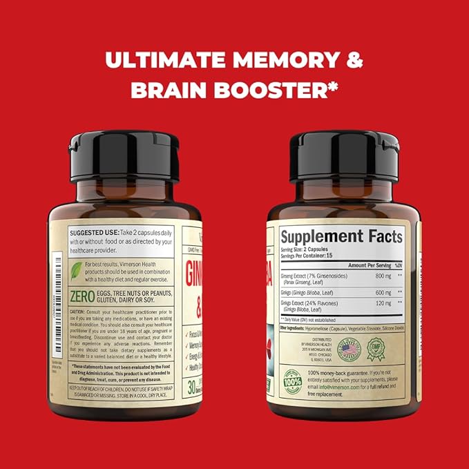 Ginseng & Ginkgo Biloba Supplements. Extra 800mg + 600mg + 120mg.30 caps