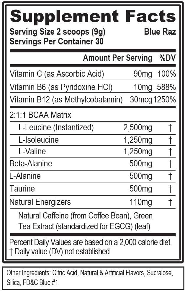 EVL BCAAs Amino Acids Powder - BCAA Energy Pre Workout Powder for Muscle Recovery Lean Growth and Endurance - Rehydrating BCAA Powder Post Workout Recovery Drink with Natural Caffeine - Blue Raz