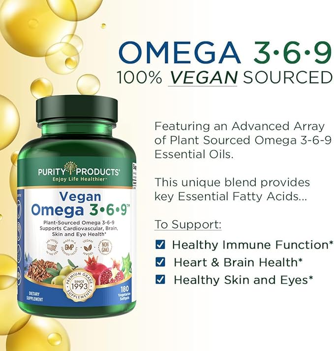 Purity Products Omega 3-6-9 Vegan Omega Formula “5 in 1” Essential 3 6 6 9 9 Essential 3 Month 180 Softgels