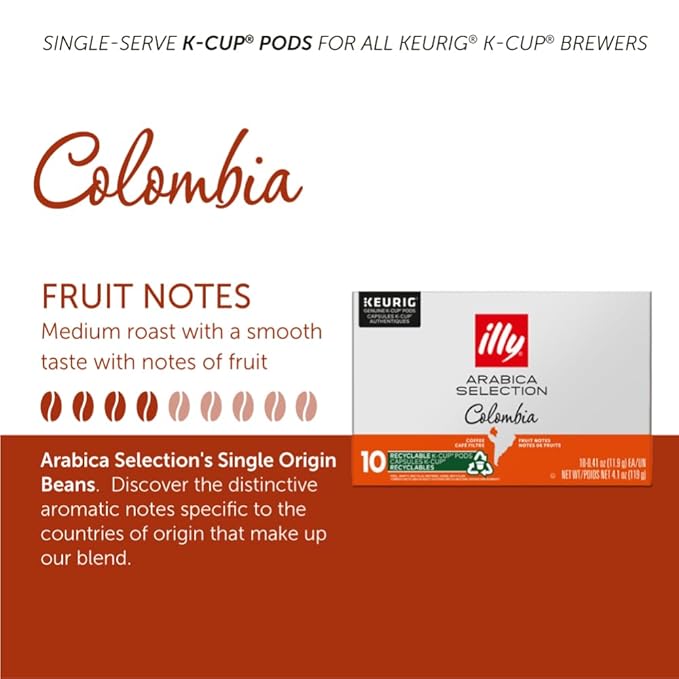 Illy Coffee K Cups - Coffee Pods For Keurig Coffee Maker – Colombia Medium Roast – Notes of Fruit - Bold, Flavorful & Full-Bodied Flavor of Pods Coffee - No Preservatives – 10 Count, 6 Pack