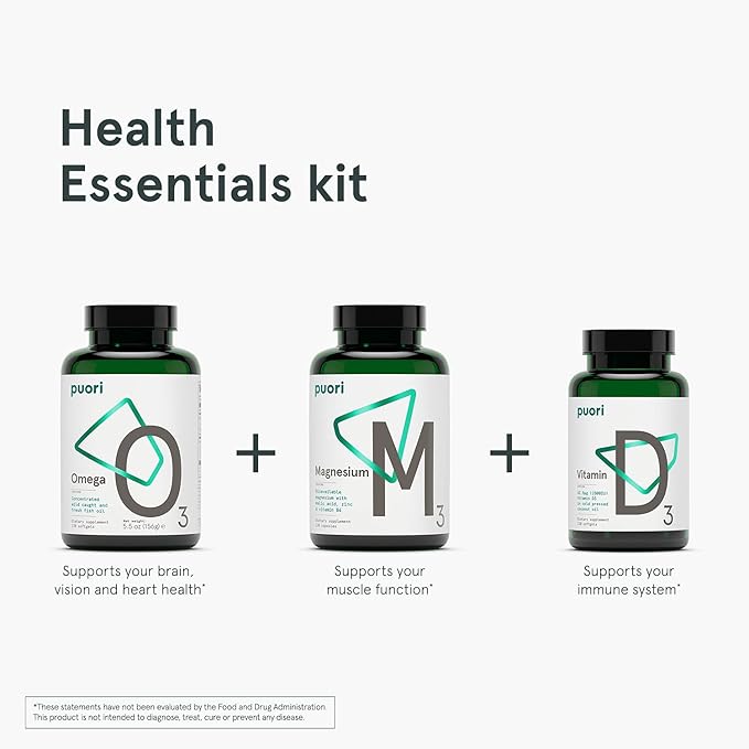 Puori Health Essentials Bundle Pack 3 Bottles 120 Capsules 3 Fish D3 -