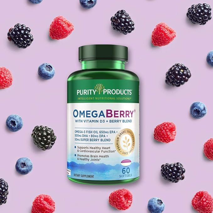 Purity Products OmegaBerry Fish Oil D3 and 1250mg Concentrated Omega-3 Fish 500mg DHA 650mg EPA 60 Soft 30 Day