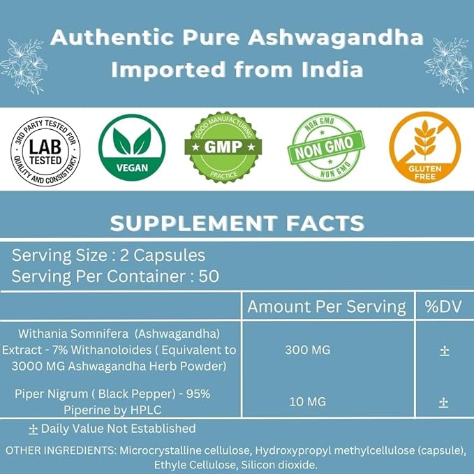Ashwagandha Organic Extra Strength Supplement 300mg Extract 3000mg Herb), 100 Capsules