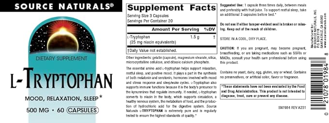 Source Naturals L-Tryptophan, for Mood, Relaxation, 500mg - 60 Capsules