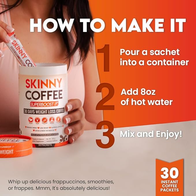 Skinny Coffee Super Boost Weight Loss Coffee, Belly Fat Burner for Women & Men, Sugar-Free, Keto, Vegan, Reduces Bloating, Supports Energy & Metabolism, Appetite Suppressant for Weight Loss (30 Packs)