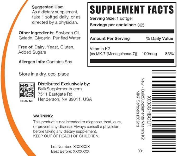 BulkSupplements.com Vitamin K2 Softgels - Vitamin K2 MK7, Vitamin K2 Supplement, MK7 Vitamin K2 for Bones - Gluten Free, Vitamin K2 100 mcg, 1 Softgel per Serving, 365 Count (Pack of 1)
